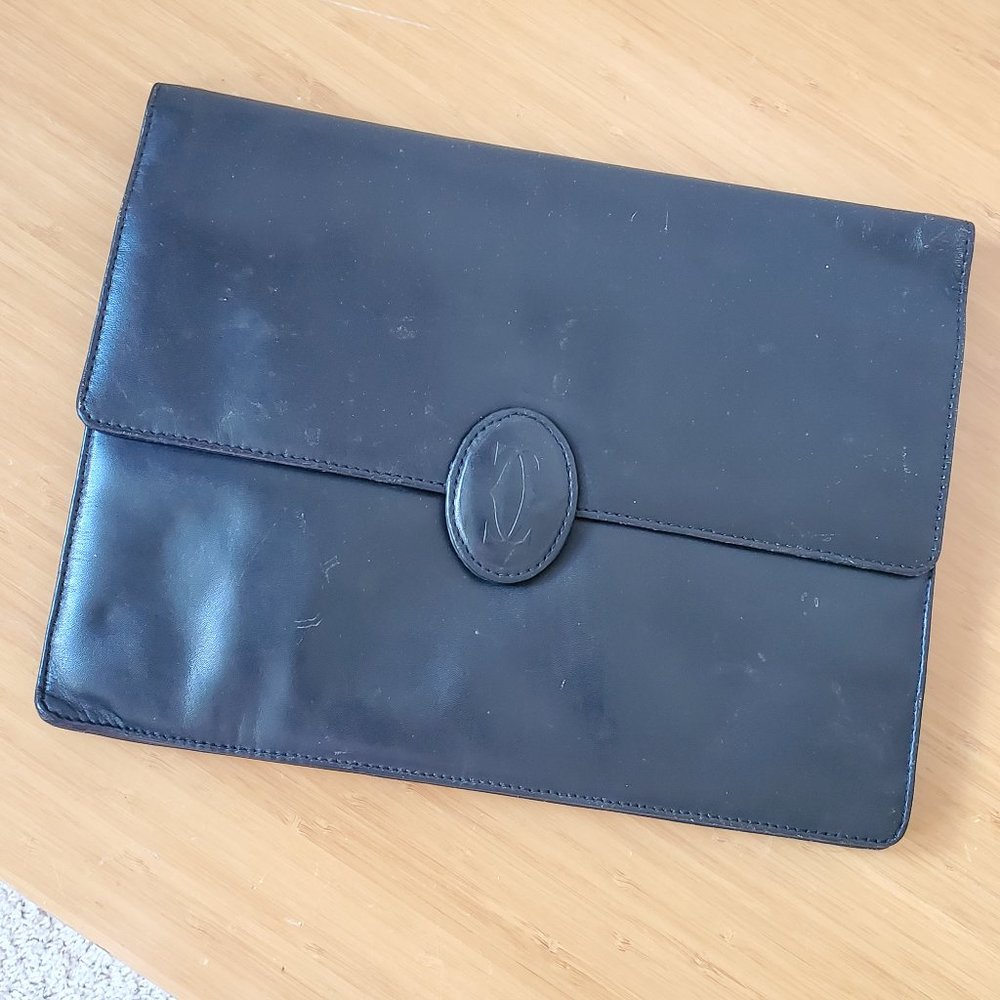 CARTIER MUST DE CARTIER Vintage All Black Leather Clutch Bag Vintage